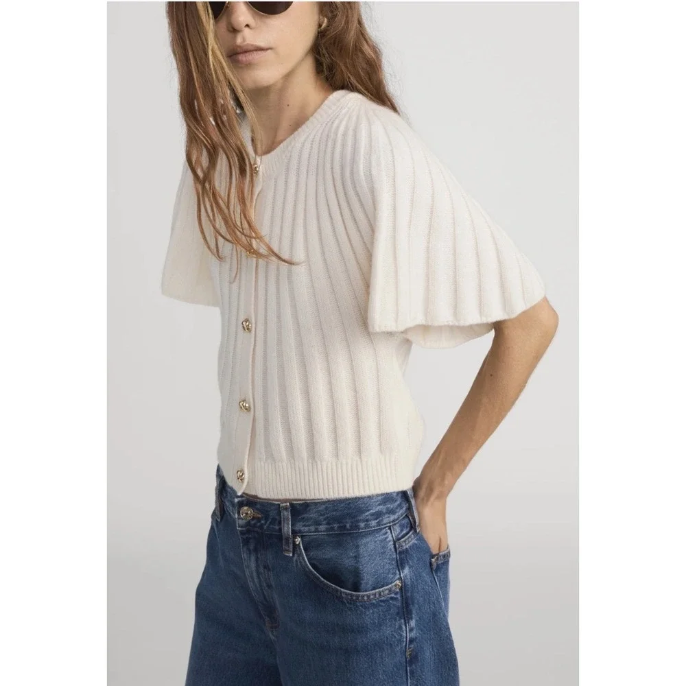 FRAME The Flutter Cardi Cream Ribbed Short Sleeve Gold Button Cardigan Sweater L
